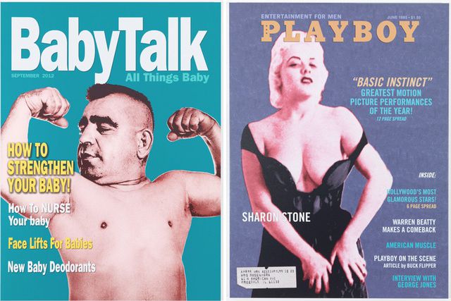 Left to right: Baby Talk Magazine: Strengthen Your Baby, 2011-12, Silkscreen on canvas; Playboy Magazine: Sharon Stone, 2011-12, Silkscreen on canvas